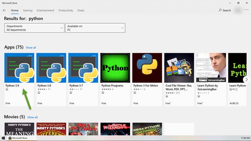 Python 3.9 in Microsoft Store